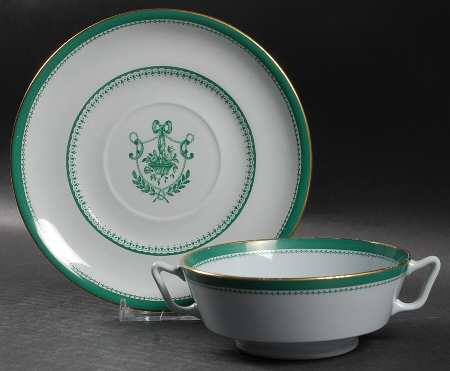 Newburyport Green (Gold Trim, No Verge Line) Footed Cream Soup Bowl & Saucer Set
