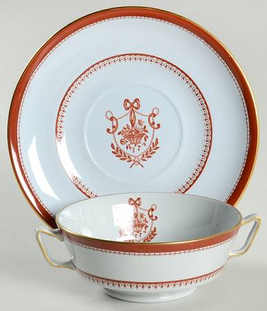 Newburyport Red (Gold Trim) Footed Cream Soup Bowl & Saucer Set