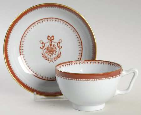 Newburyport Red (Gold Trim) Canton Shape Footed Cup & Saucer Set