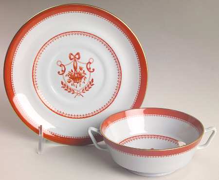 Newburyport Red (Gold Trim) Footed Cream Soup Bowl & Saucer Set
