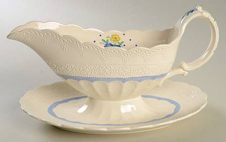 Old Concord Blue (Jewel) Gravy Boat with Attached Underplate