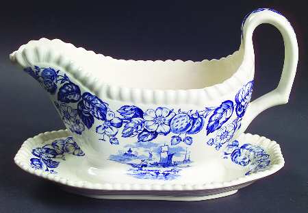 Old Salem Blue Gravy Boat with Attached Underplate