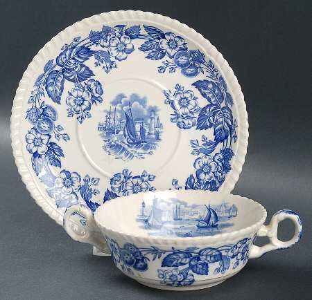 Old Salem Blue Flat Cream Soup Bowl & Saucer Set