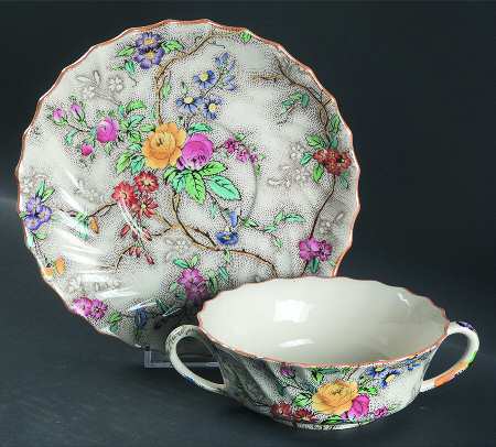 Patricia (Yellow Trim) Flat Cream Soup Bowl & Saucer Set