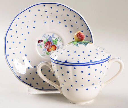Polka Dot Blue Flat Bouillon Cup and Saucer with Lid by Spode