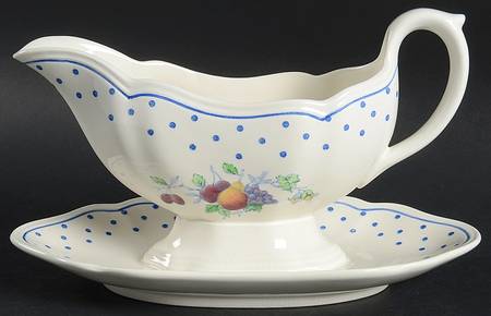 Polka Dot Blue Gravy Boat with Attached Underplate by Spode