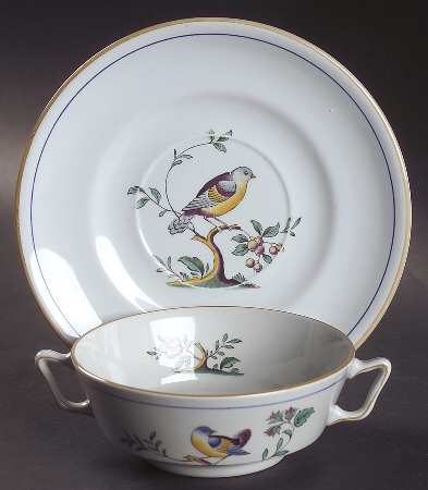 Queen's Bird (Y4973, Blue Gray Body) Footed Cream Soup Bowl & Saucer Set