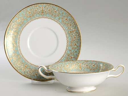 Renaissance Green Footed Cream Soup Bowl & Saucer Set