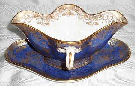 Spode's Garden Blue and Gold Gravy Boat with Attached Underplate