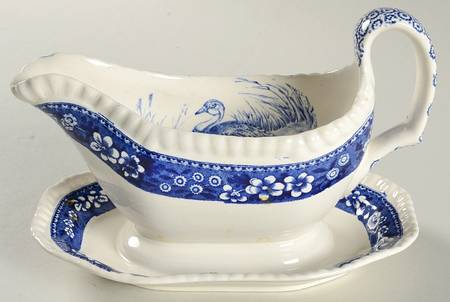 Tower Blue (Game Bird In Center) Gravy Boat with Attached Underplate