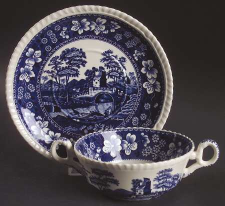 Tower Blue (Newer Backstamp) Flat Cream Soup Bowl & Saucer Set
