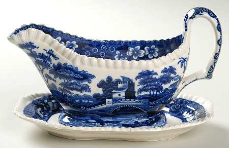 Tower Blue (No #, Older, Gadroon) Gravy Boat with Attached Underplate
