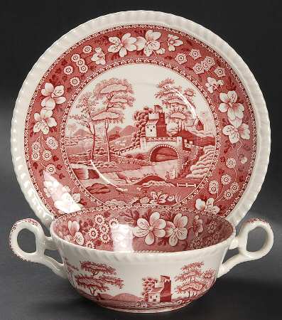 Tower Pink (Newer Backstamp) Flat Cream Soup Bowl & Saucer Set