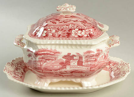 Tower Pink (Older Backstamp) Sauce Boat with Attached Underplate & Lid