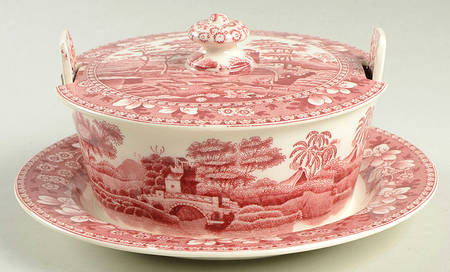 Tower Pink (Older Backstamp) Butter Tub w/Attached Underplate & Lid by Spode