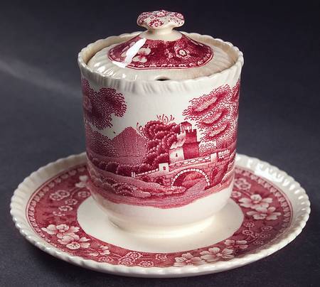 Tower Pink (Older Backstamp) Mustard with Lid & Attached Underplate by Spode