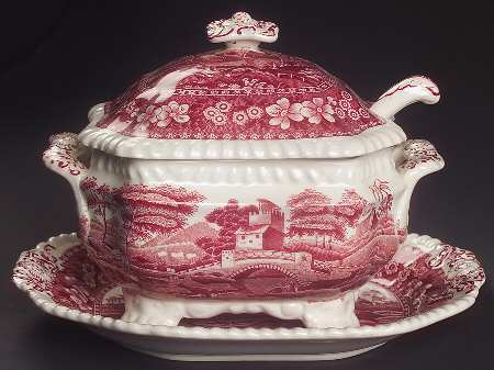Tower Pink (Older Backstamp) Sauce Boat & Lid & Underplate & Ladle