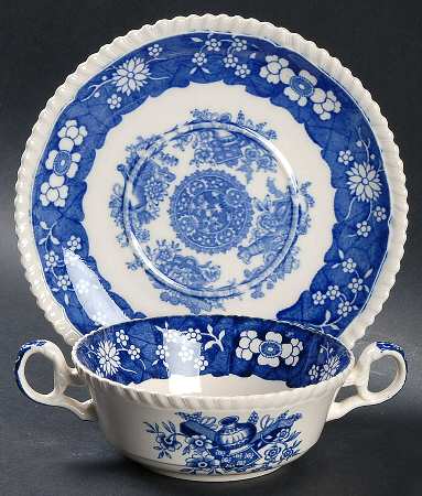 Trophies (Blue) Footed Cream Soup Bowl & Saucer Set