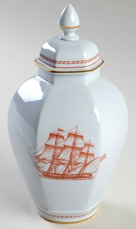 Trade Winds Red (Gold Trim) Hexagonal Vase with Lid Small