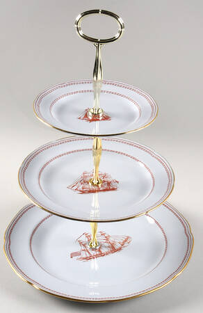 Trade Winds Red (Gold Trim) 13 7/8"-14 1/4" 3-Tiered Serving Tray(DP,SP,BB) HC