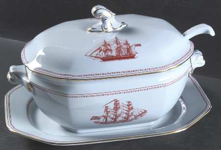 Trade Winds Red (Gold Trim) Tureen & Lid w/Ladle & Underplate