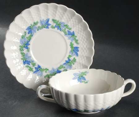 Valencia Blue Green (White Background) Flat Cream Soup Bowl & Saucer Set