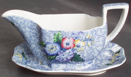 Wild Flower Blue Gravy Boat with Attached Underplate