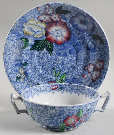 Wild Flower Blue Footed Cream Soup Bowl & Saucer Set
