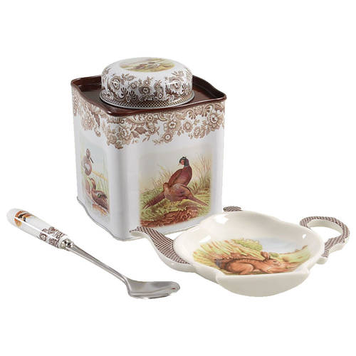 Woodland (3 Pc) Tea Set (Tin Tea Caddy,Spoon & Spoon Holder