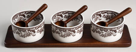 Woodland (7 Piece) Motif Condiment Bowl Set with Wood Tray & Wood Spoons by Spode