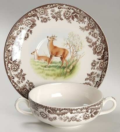 Woodland Flat Cream Soup Bowl & Saucer Set by Spode