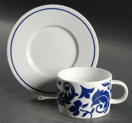 Damask Blue Flat Cup & Saucer Set