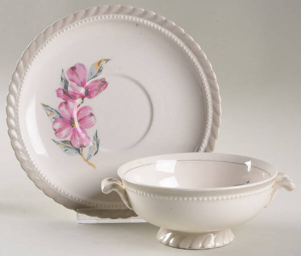 Dogwood Gray Footed Cream Soup Bowl & Saucer Set