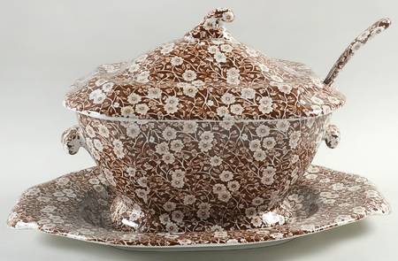 Calico Brown Oval Tureen & Lid w/Ladle & Underplate
