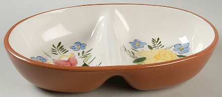 Country Garden (Brown Body and Carved) 10" Oval Divided Vegetable Bowl