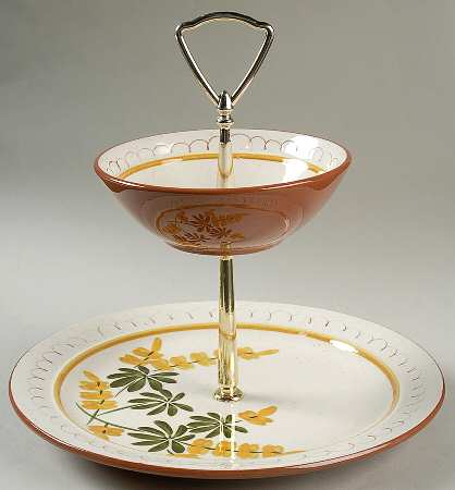 Golden Blossom (Brown Trim, Yellow Band) 2 Tiered Serving Tray (Dinner & Salad Plate)
