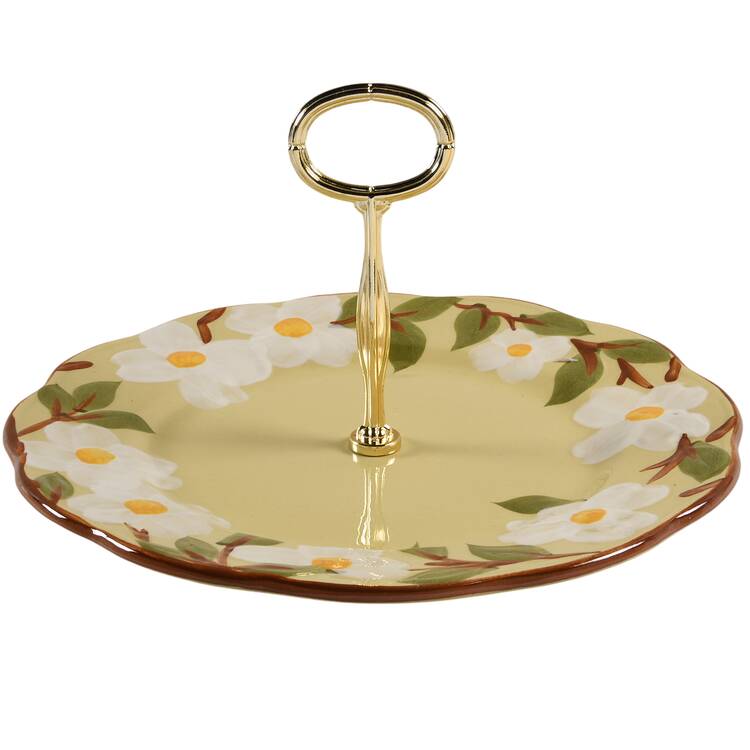 White Dogwood Round Serving Plate with Center Handle (Dp) Hc