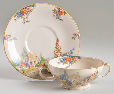 Old England Gardens Footed Cream Soup Bowl & Saucer Set by Swinnertons