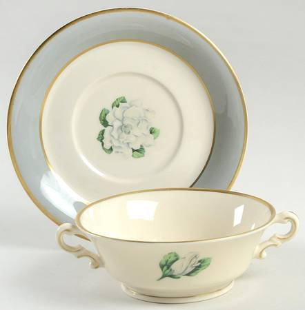 Avalon (Gold Trim) Footed Cream Soup Bowl & Saucer Set