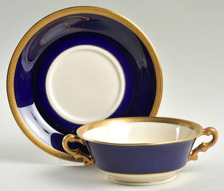 Diane Cobalt Blue Band Footed Cream Soup Bowl & Saucer Set
