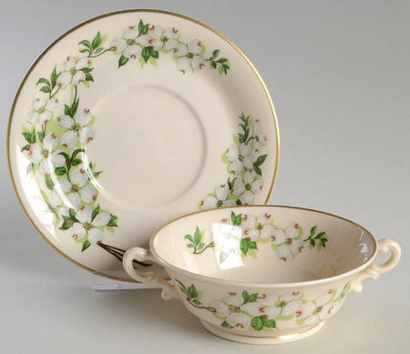 Dogwood (Gold Trim) Footed Cream Soup Bowl & Saucer Set