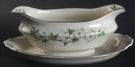 Dogwood (Gold Trim) Gravy Boat with Attached Underplate