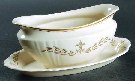 Fleur De Lis Grey Gravy Boat with Attached Underplate