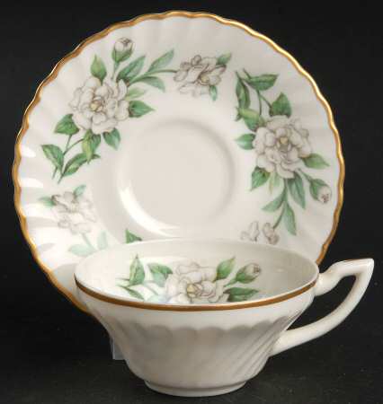 Gardenia (White Flowers) Flat Demitasse Cup & Saucer Set