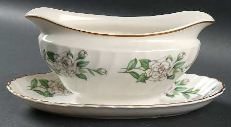 Gardenia (White Flowers) Gravy Boat with Attached Underplate