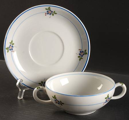 Gardena (Blue Trim) Flat Cream Soup Bowl & Saucer Set