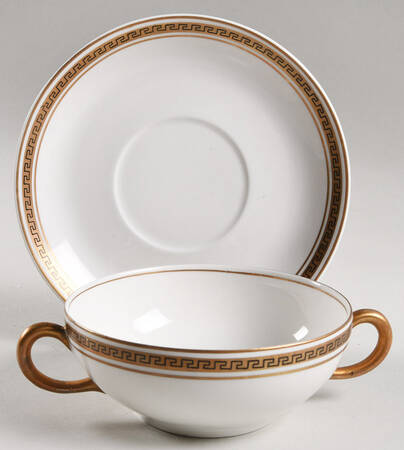 Greek Key Flat Cream Soup Bowl & Saucer Set