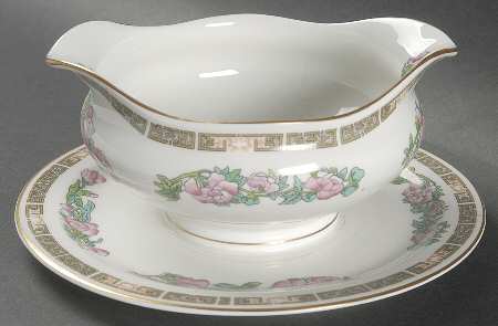 Indian Tree Pink (Smooth Edge) Round Gravy Boat/Attached Underplate