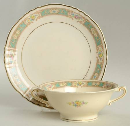Raleigh Green Footed Cream Soup Bowl & Saucer Set