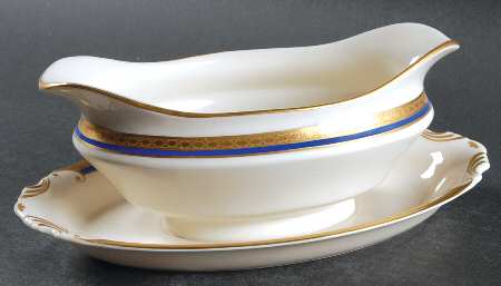 Wayne Blue (Fine China) Gravy Boat with Attached Underplate